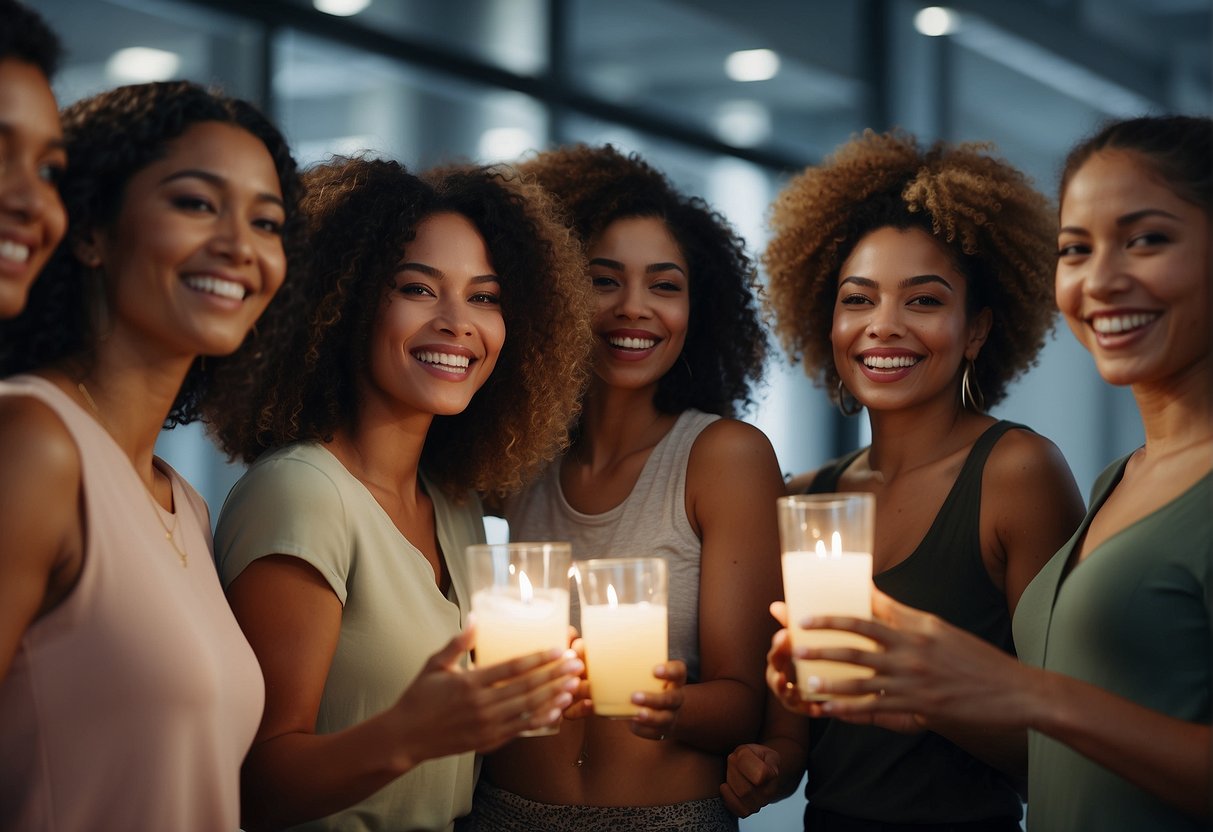 A group of diverse women smiling and feeling healthy after consuming probiotics. A glowing aura surrounds them, symbolizing the benefits of probiotics for women