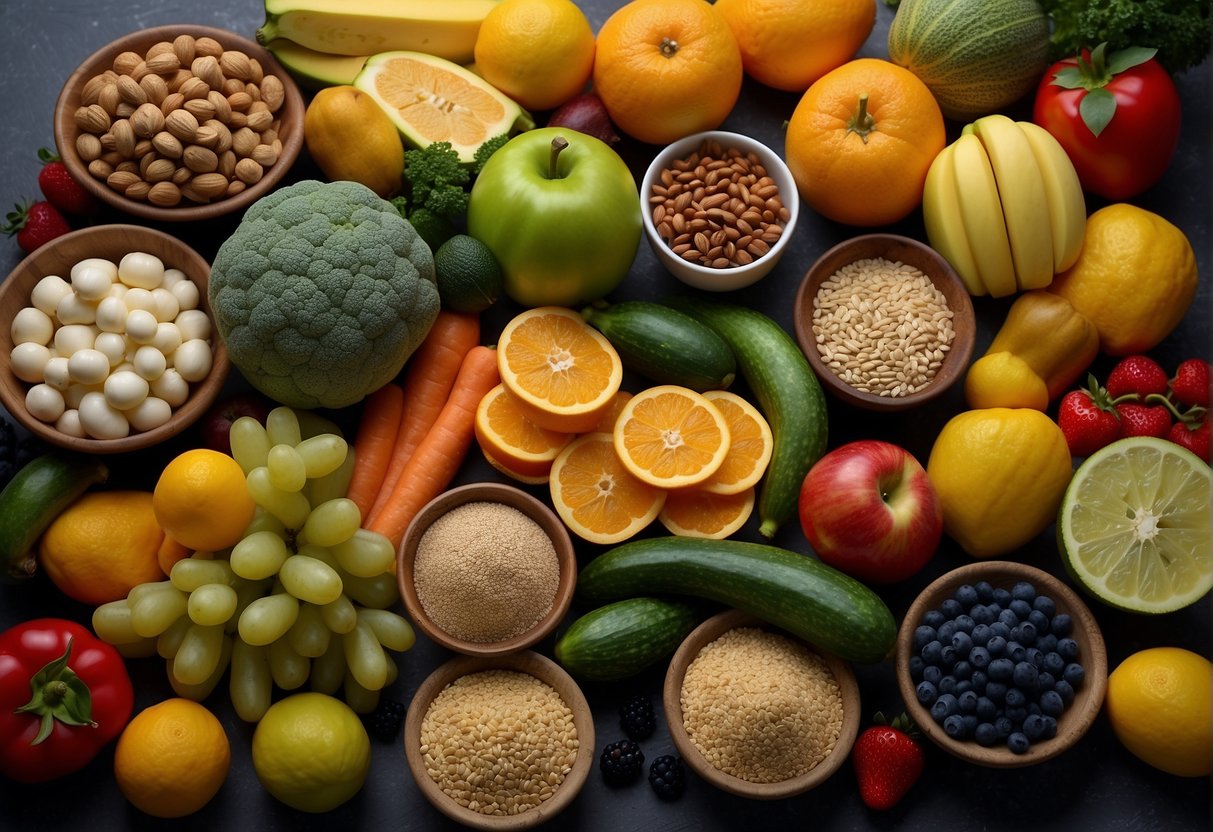 A colorful array of fruits, vegetables, and grains arranged in a harmonious composition, surrounded by a variety of probiotic-rich foods and supplements