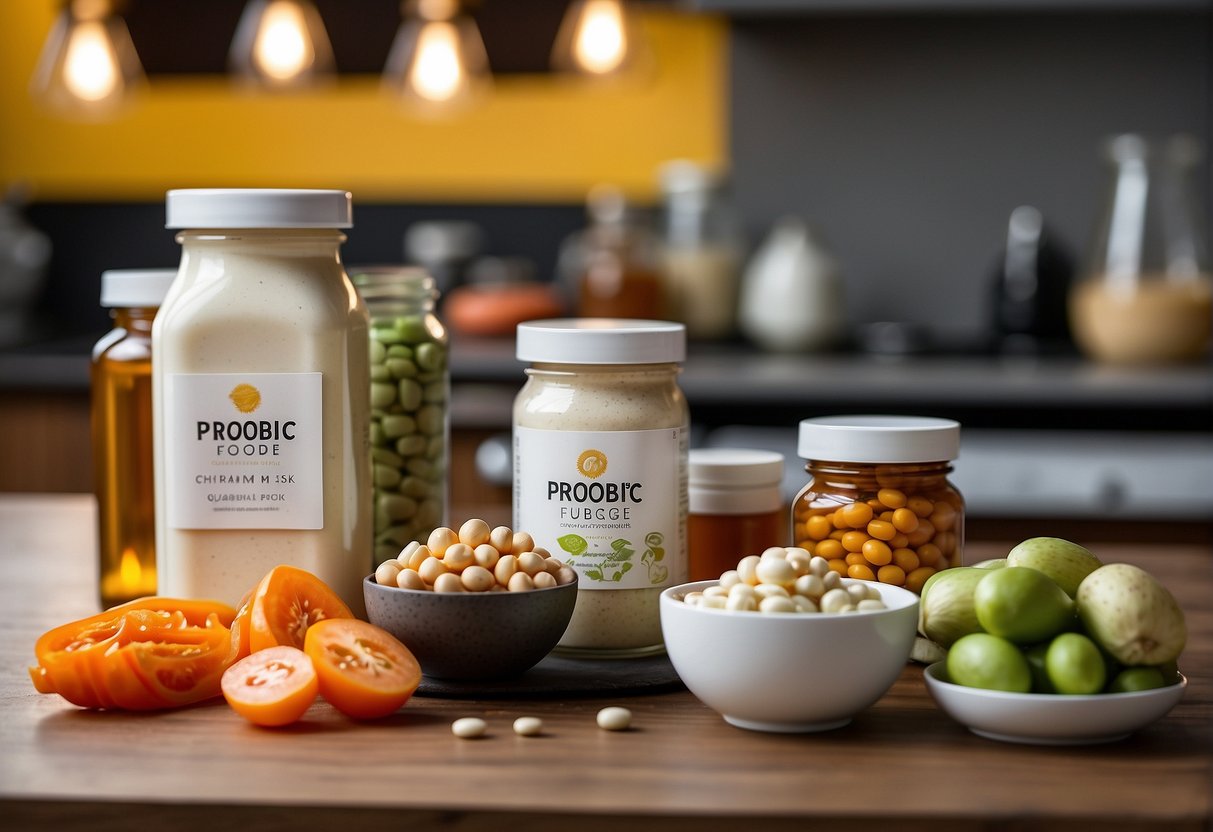 A colorful array of probiotic-rich foods and supplements arranged on a kitchen counter, with a glass of yogurt, a bowl of kimchi, and a bottle of probiotic capsules