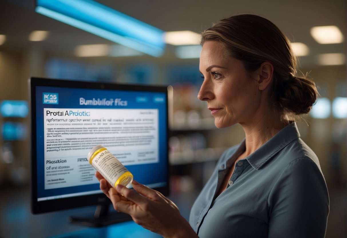 A woman reading a label on a bottle of probiotics, with a thoughtful expression and a list of potential side effects and considerations in the background