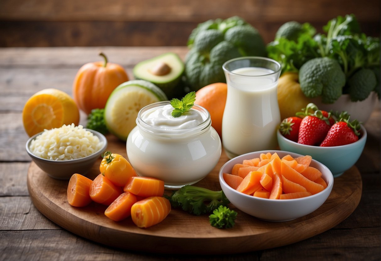 A colorful array of probiotic-rich foods, such as yogurt, kefir, kimchi, and sauerkraut, displayed on a wooden table with vibrant fruits and vegetables in the background