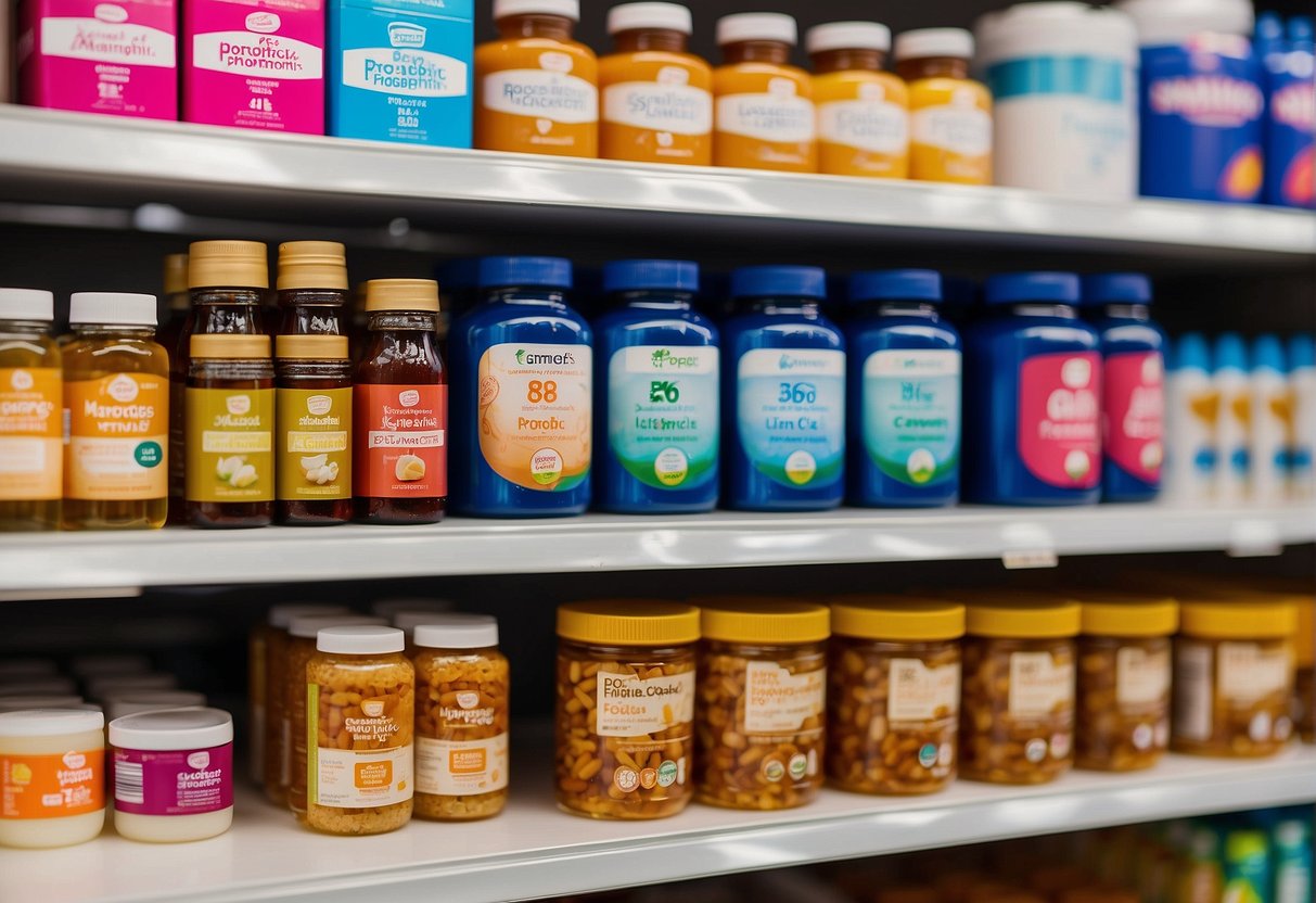 Various probiotic brands and products are displayed on shelves. Brightly colored packaging and labels highlight the best probiotics for women