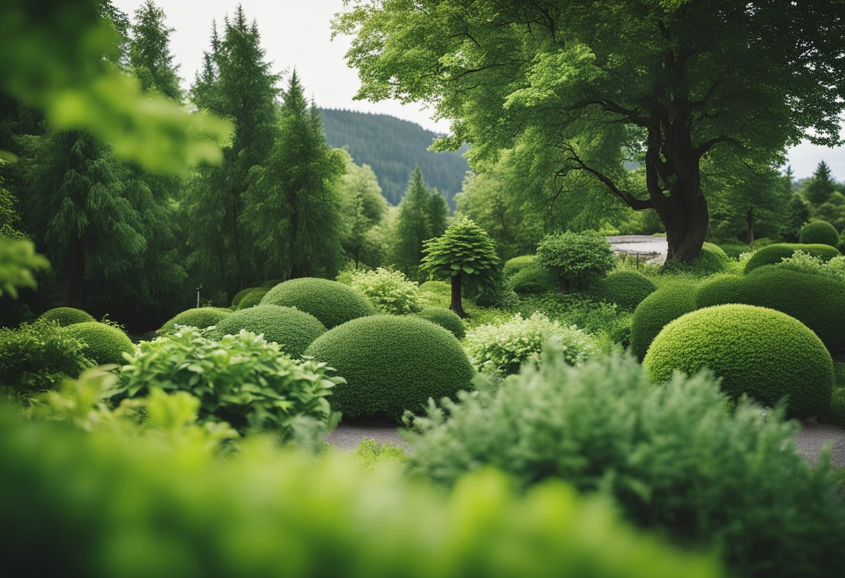 Lush greenery of various trees and bushes in a Norwegian garden