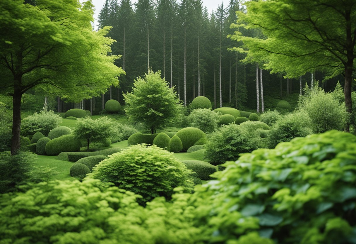 Lush green garden with native Norwegian trees and bushes, arranged in a harmonious and natural design