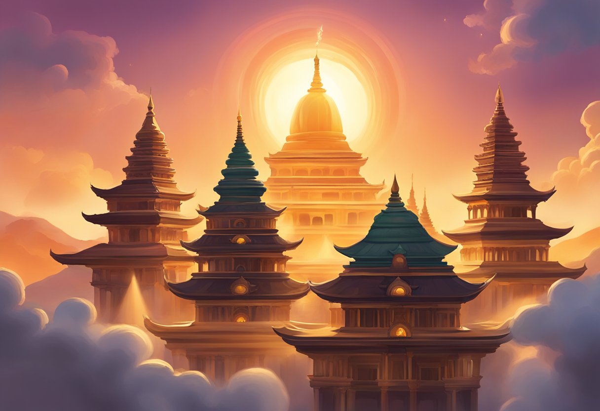 Sun sets behind ancient temples, their ornate spires reaching towards the sky. Incense smoke drifts through the air, mingling with the sound of chanting and the soft glow of oil lamps