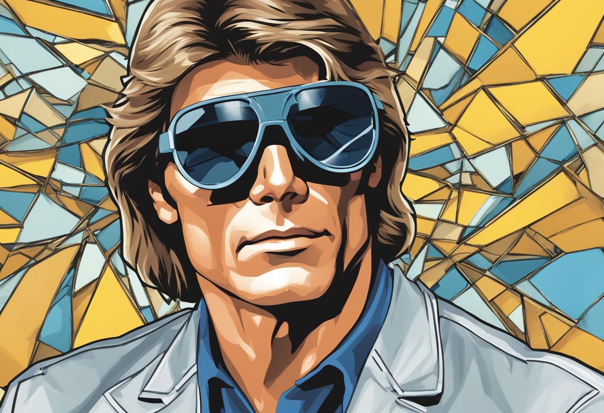 Jan Michael Vincent's eye injury is depicted through a shattered pair of sunglasses and a medical eye patch