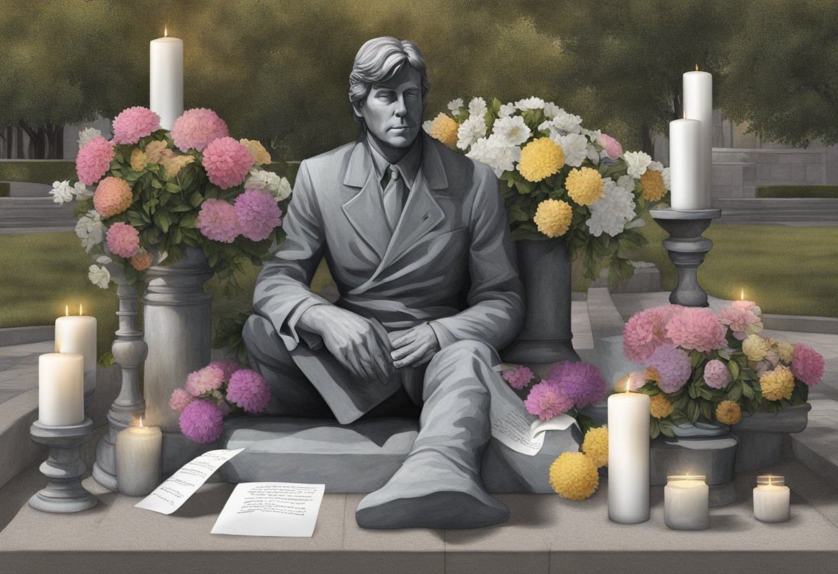 A collection of flowers, candles, and handwritten notes lay at the base of a weathered statue, serving as tributes and memorials for Jan Michael Vincent's eye injury