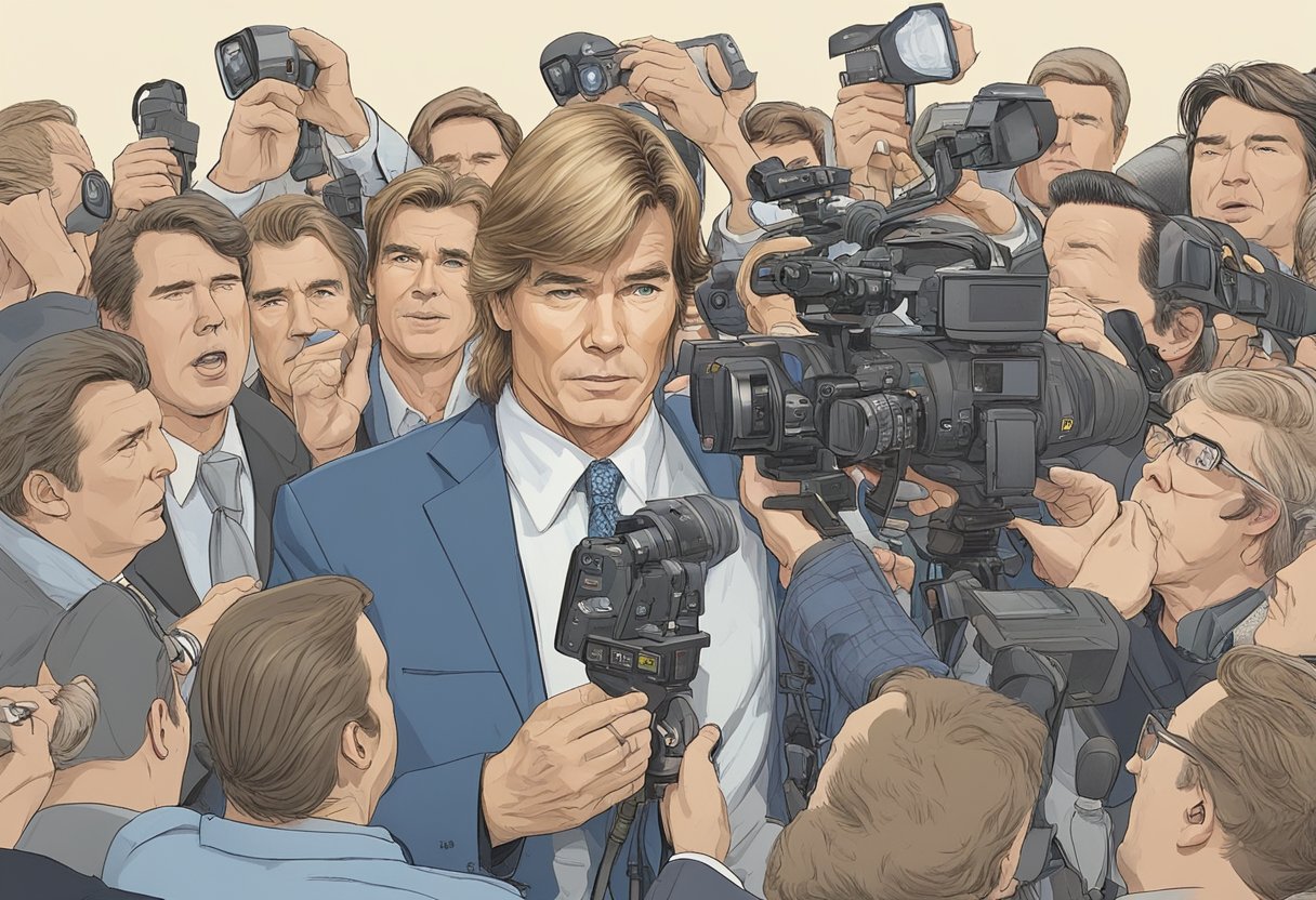 Jan Michael Vincent's injured eye is surrounded by a flurry of camera flashes and reporters' microphones, capturing the intense media coverage and public interest in the actor's condition