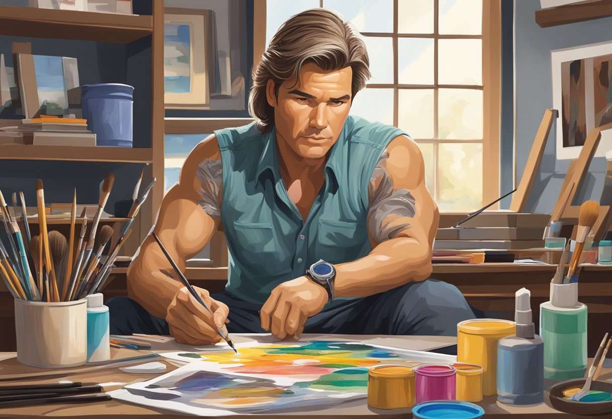 An artist sits at a desk, surrounded by paints and brushes, working on a detailed illustration of Jan Michael Vincent's eye