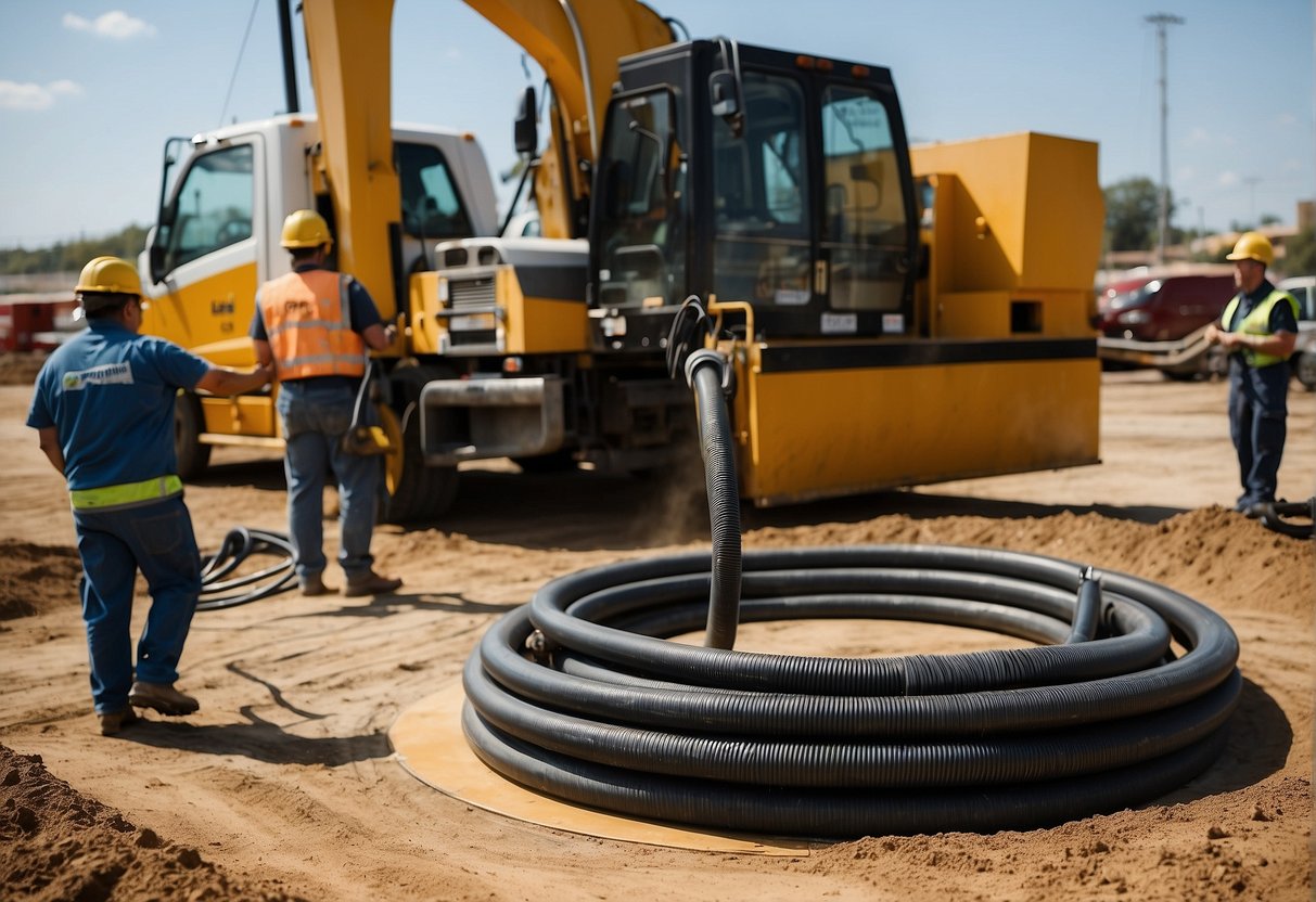 A vacuum excavation truck with a large hose extended, lifting a manhole cover off the ground. The surrounding area is a construction site with heavy machinery and workers in the background