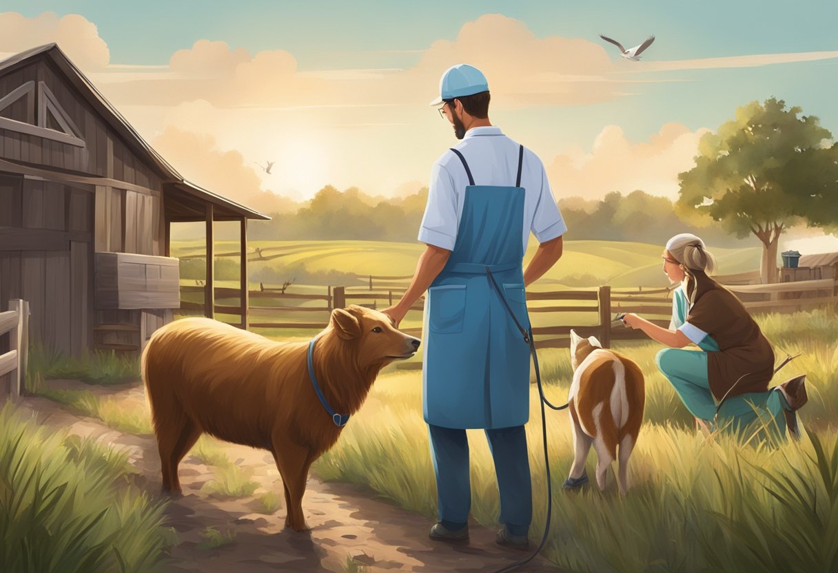 Two veterinarians handle various animals in a rural setting, showcasing their expertise and compassion