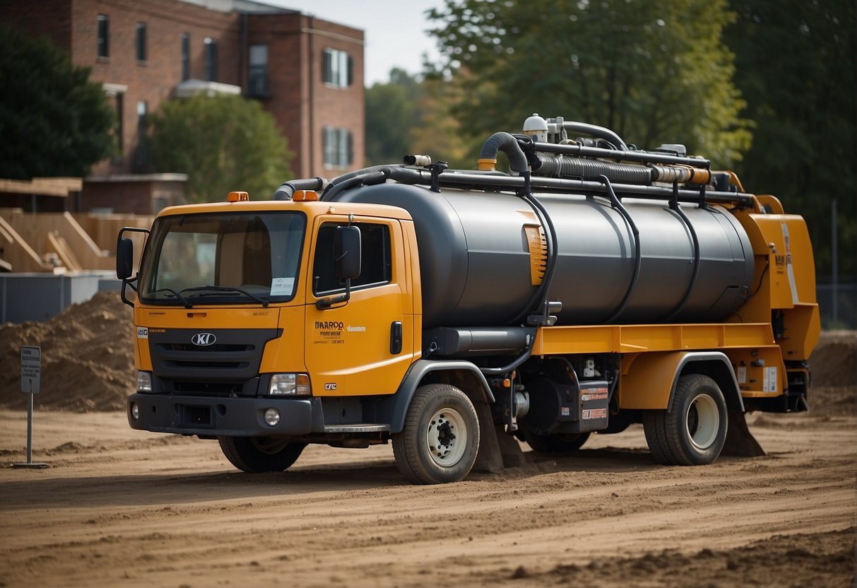 A vacuum excavation truck is parked at a construction site. The operator is using the equipment to safely and efficiently dig and expose underground utilities