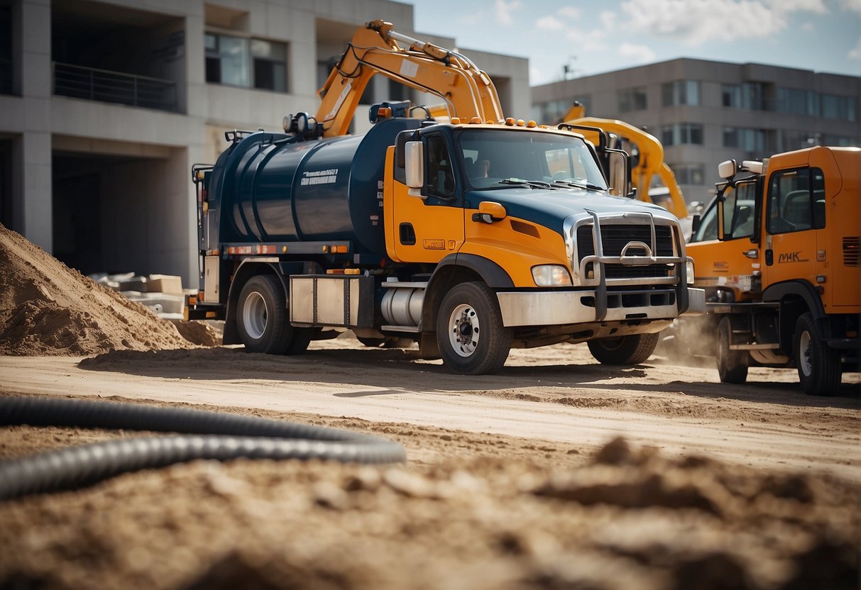 A vacuum excavation truck with its lid open, revealing the powerful suction equipment inside, surrounded by construction materials and workers in the background