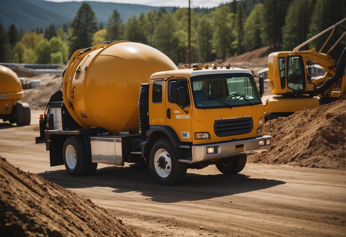 A vacuum excavation truck unearths underground utilities, surrounded by construction equipment and workers. The truck's lid is lifted, revealing the powerful suction technology inside