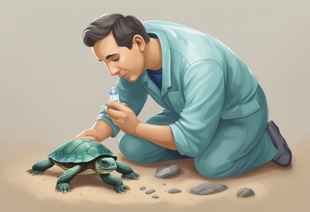 Dr. Blue examines a tiny turtle with a cracked shell, carefully cleaning and patching the injury with a gentle touch