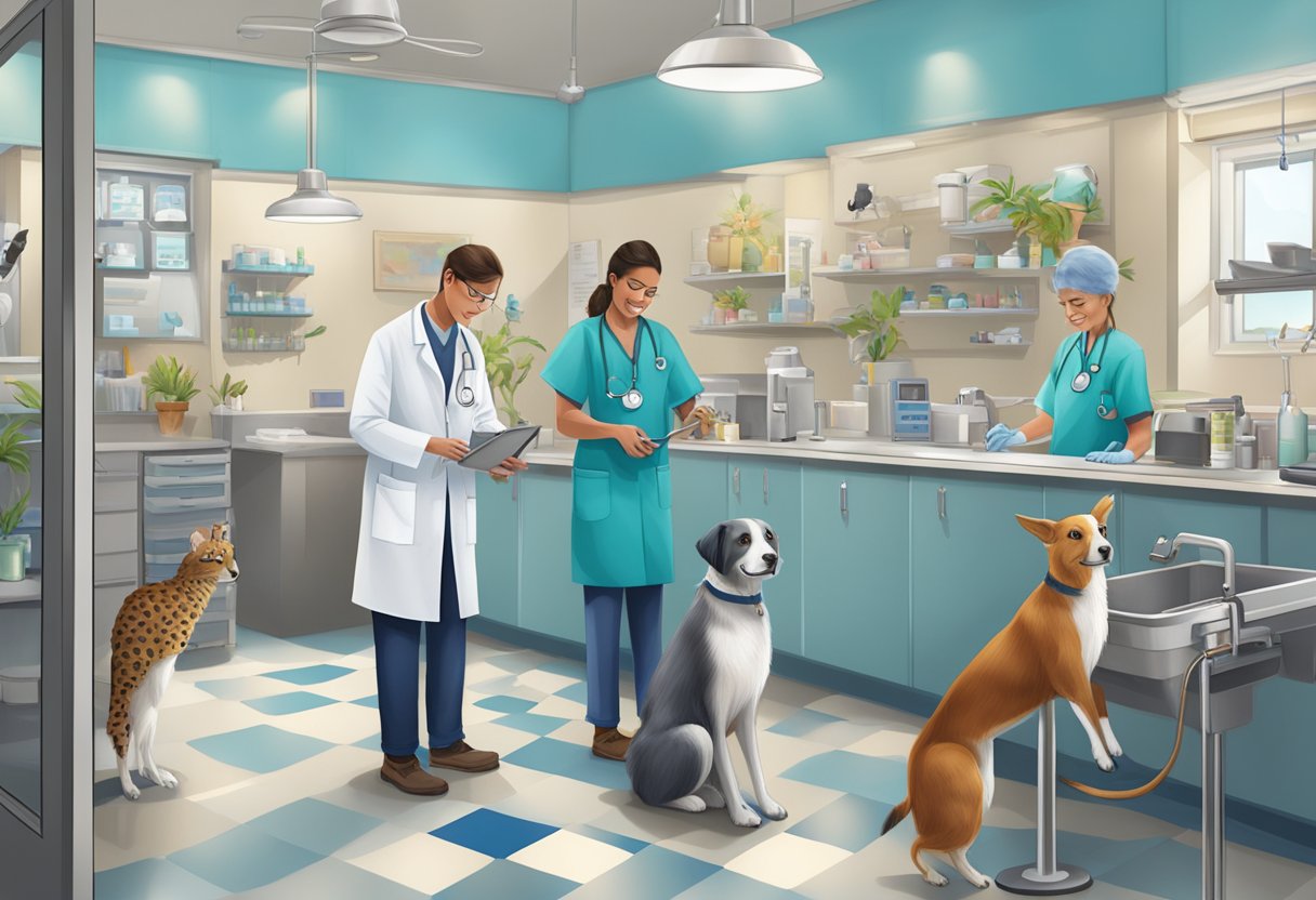 Dr. Blue's Extended Network, a bustling animal clinic with diverse critters being treated by caring veterinarians