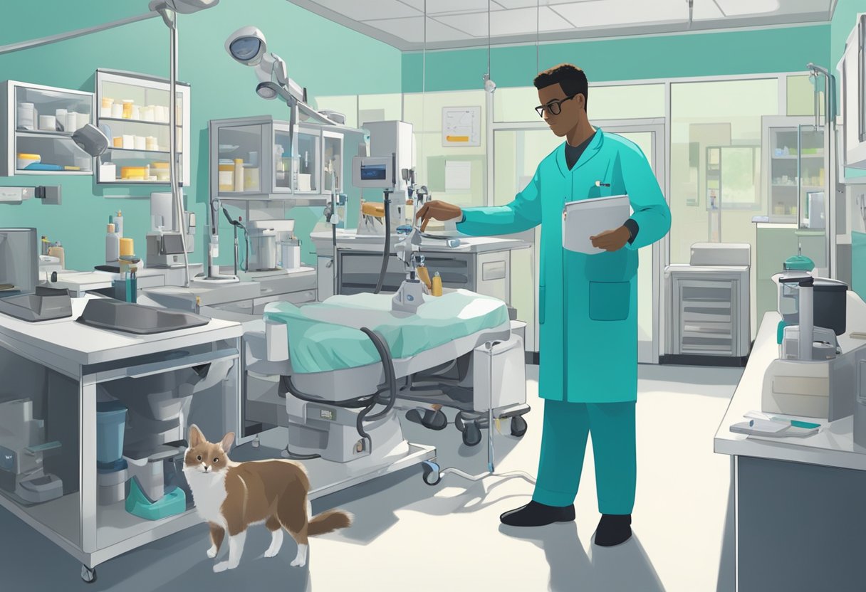 Dr. Blue is surrounded by medical equipment, focused on treating a small animal. The room is bright and orderly, with other staff members busy in the background