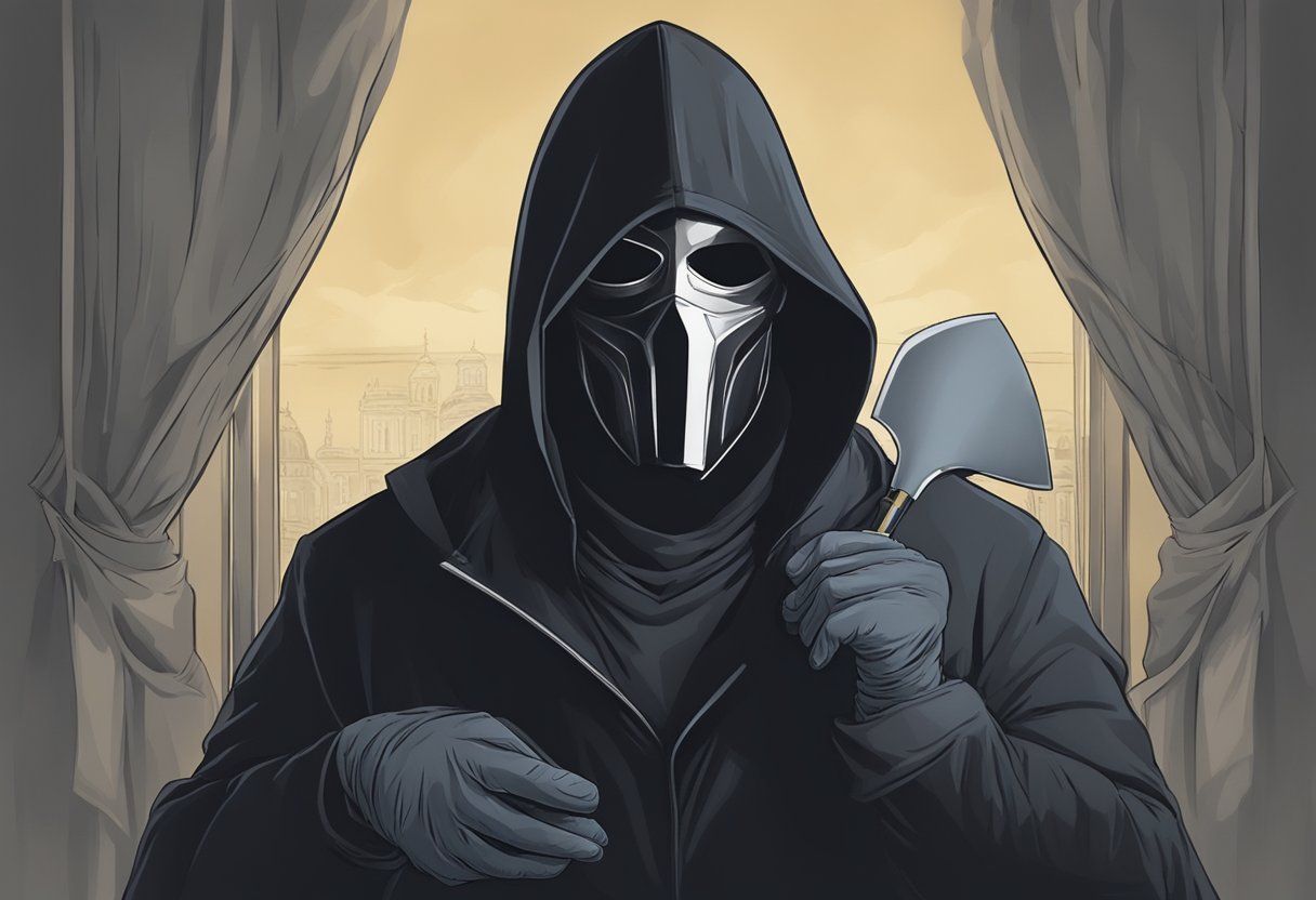 A dark figure removes a mask, revealing the face of the perpetrator