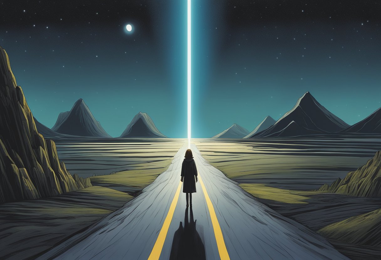 Jenny Likens' Odyssey: A solitary figure stands at a crossroads, surrounded by darkness and uncertainty, but with a glimmer of hope in the distance