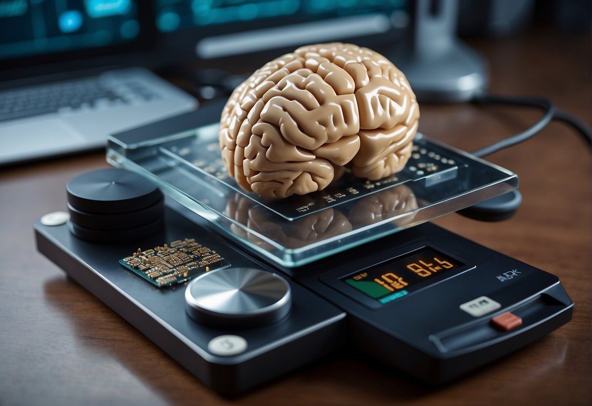 A scale weighing a human brain and a computer chip, symbolizing the ethical and philosophical considerations of AI vs IA