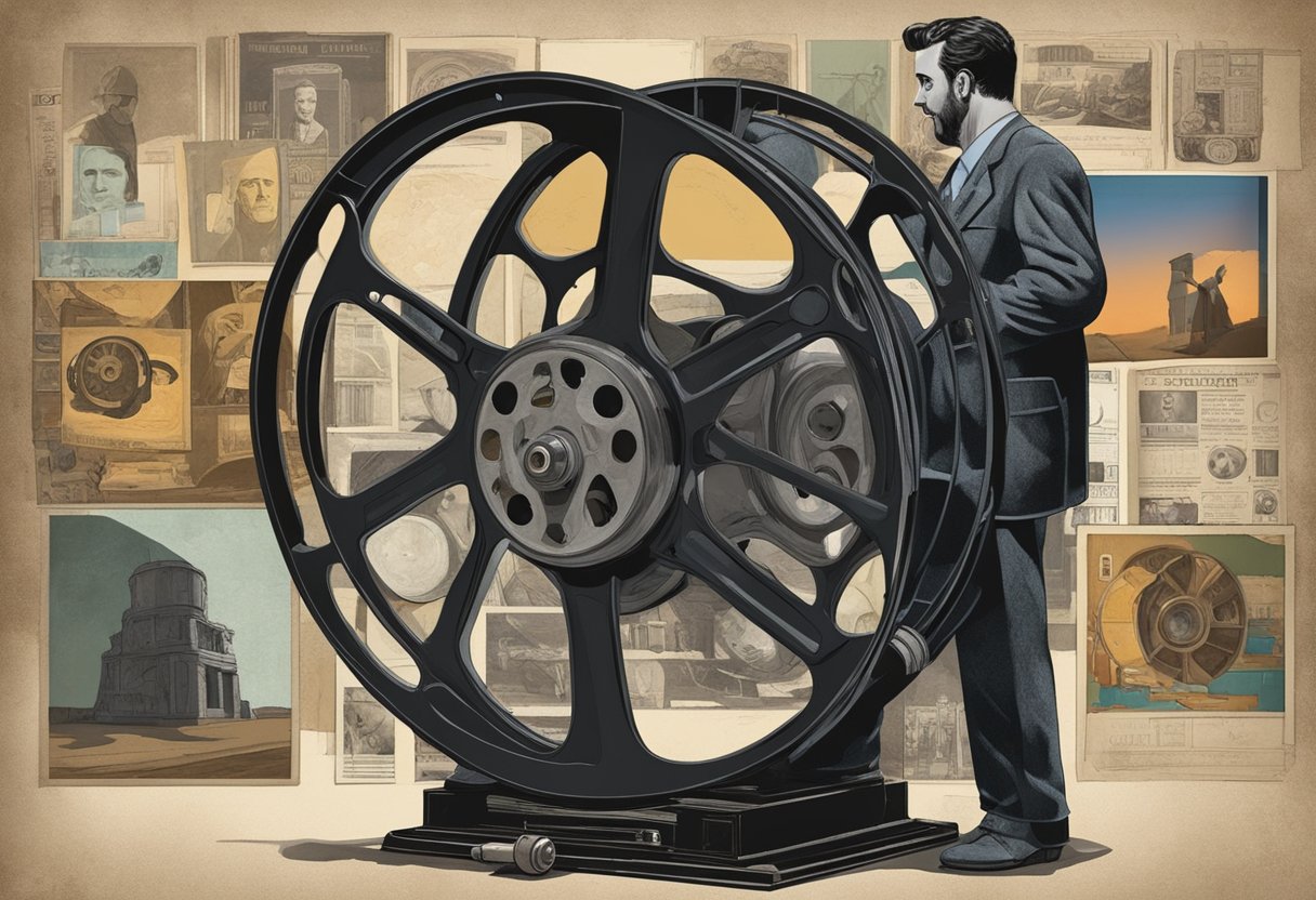 A shadowy figure looms over a dusty old film reel, casting a long and imposing presence. The reel is surrounded by fading photographs and memorabilia, hinting at the enduring legacy of a beloved comedic legend