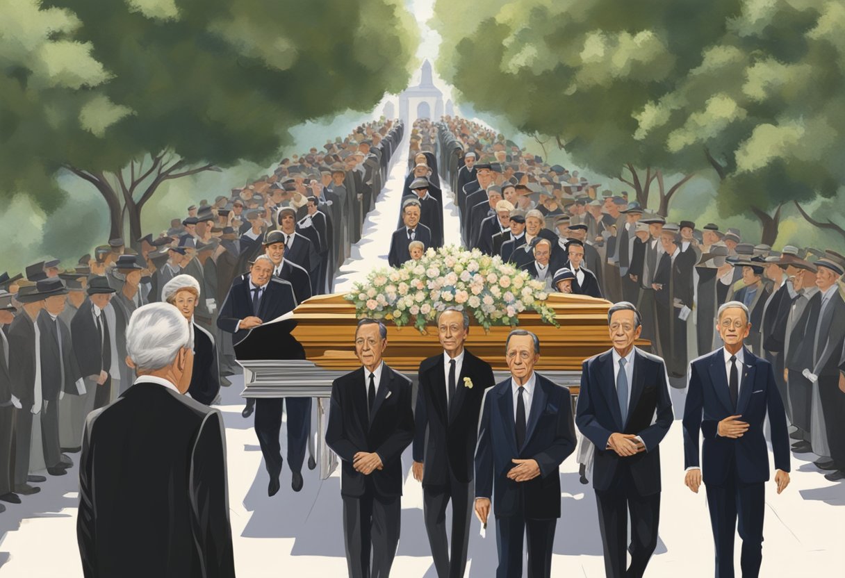 Don Knotts' Passing: A somber funeral procession with mourners and a casket. Flowers and condolences line the path