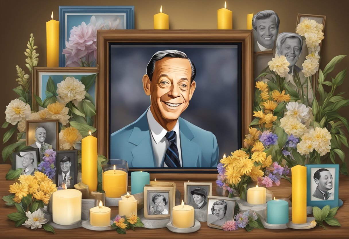 A memorial plaque with flowers and candles, surrounded by photos and mementos, honoring the memory of Don Knotts' son