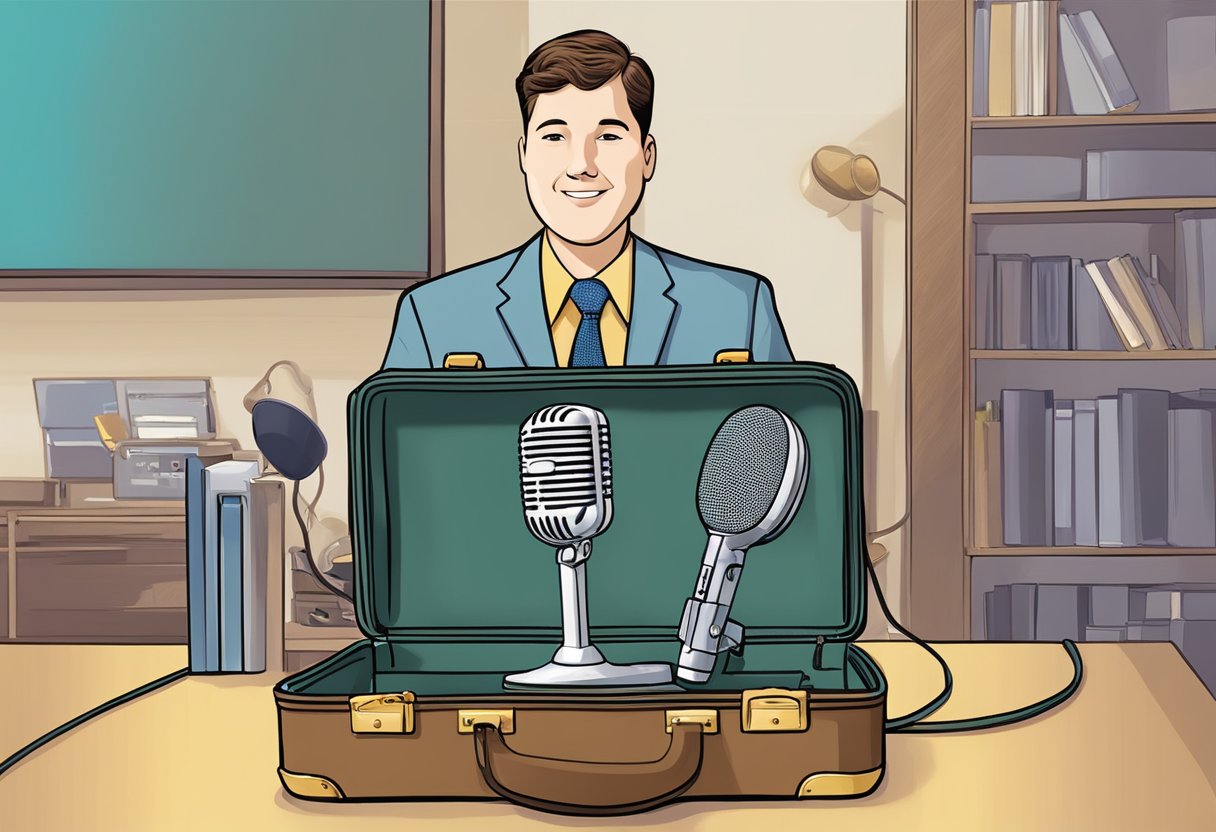 Don Knott's son's career transition illustrated with a briefcase, microphone, and spotlight
