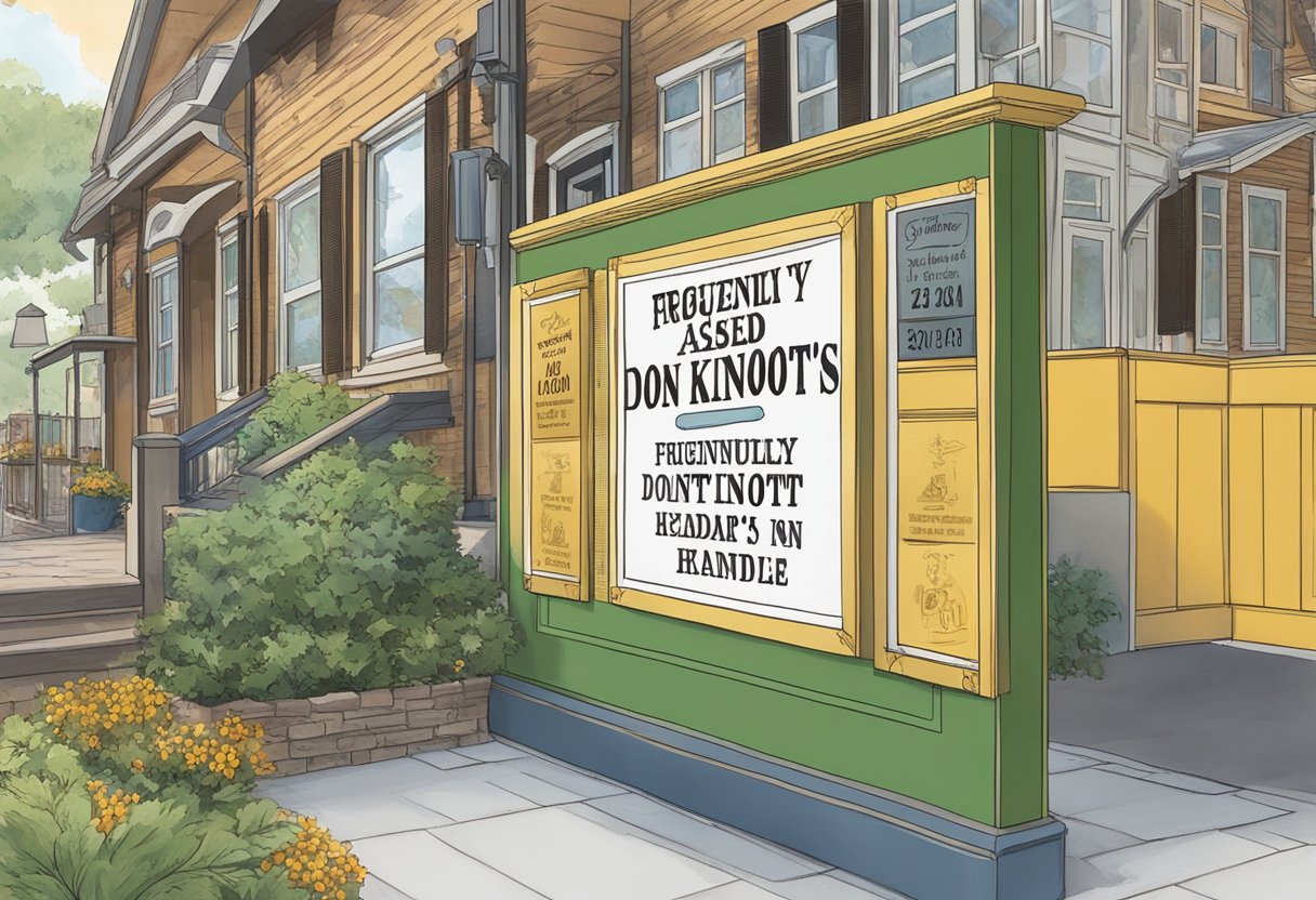 A sign with the words "Frequently Asked Questions: What happened to Don Knott's son" displayed prominently