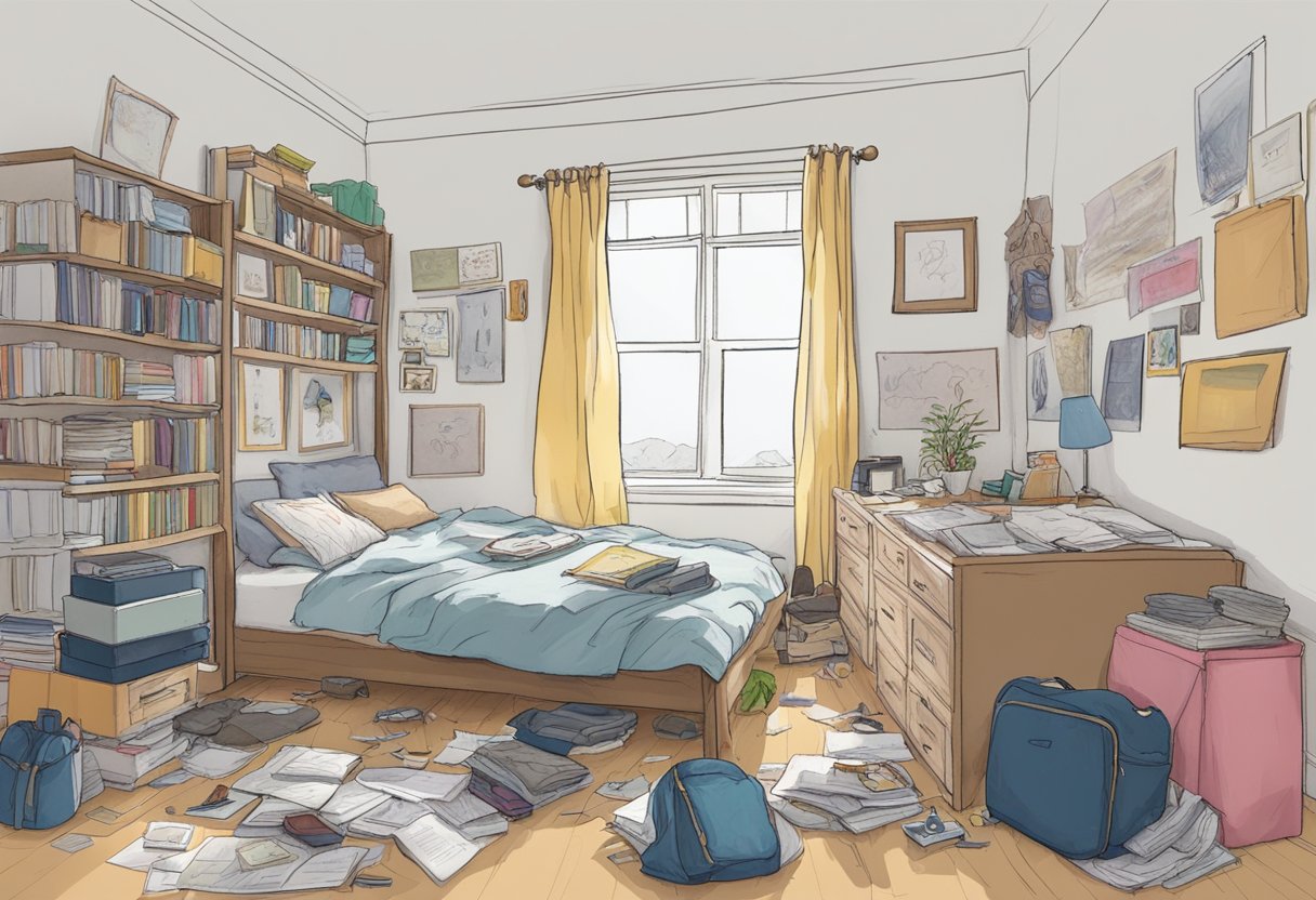 Laurie's empty bedroom, with scattered belongings and a sense of abandonment. A diary lies open on the bed, its pages filled with scribbled thoughts