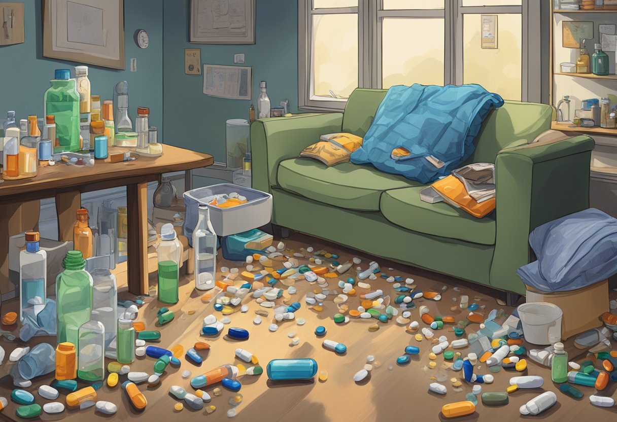 Geno Doak's struggle with substance abuse: empty pill bottles, scattered pills, and a disheveled living space