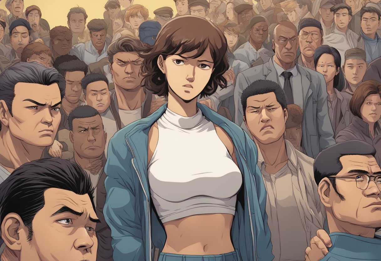 Baki's girlfriend surrounded by suspicious figures, looking distressed