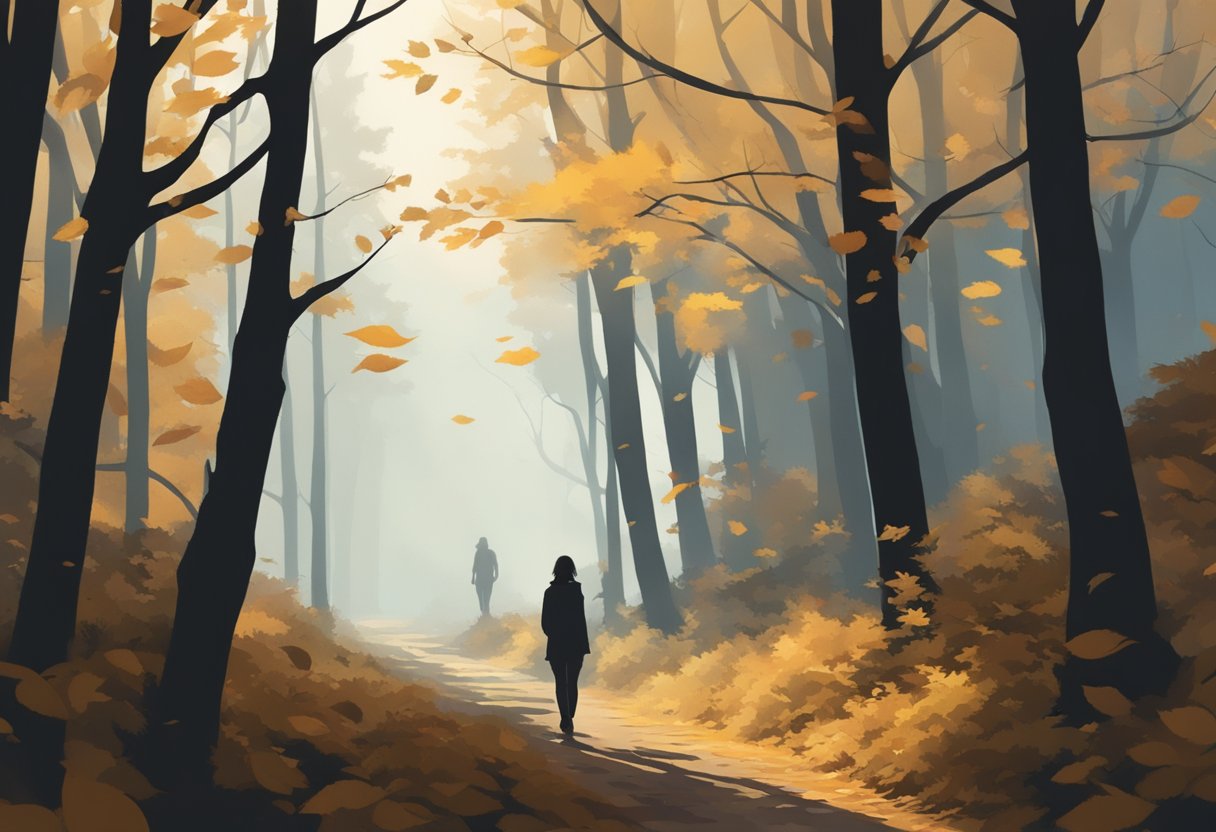 Krista's silhouette fades into the misty forest, leaving behind a trail of fallen leaves and a sense of longing