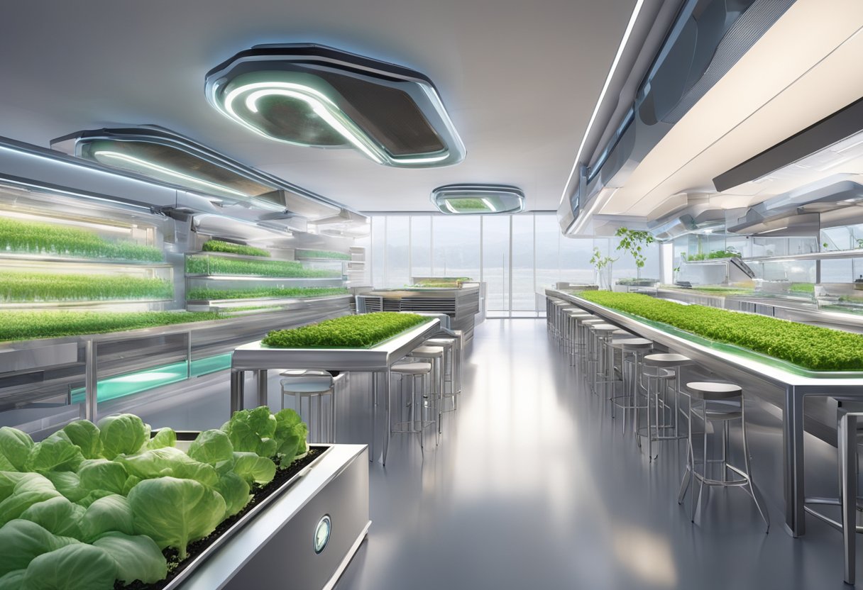 A futuristic farm-to-table restaurant with advanced hydroponic systems and robotic chefs. The setting is sleek and modern, with holographic menus and sustainable, high-tech farming equipment