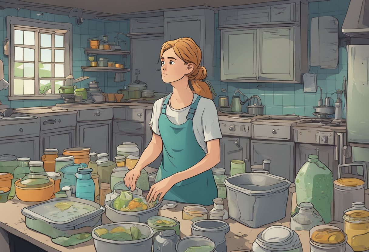 Fiona stands in a rundown kitchen, surrounded by dirty dishes and empty bottles. She looks exhausted and defeated, her eyes filled with sadness and disappointment