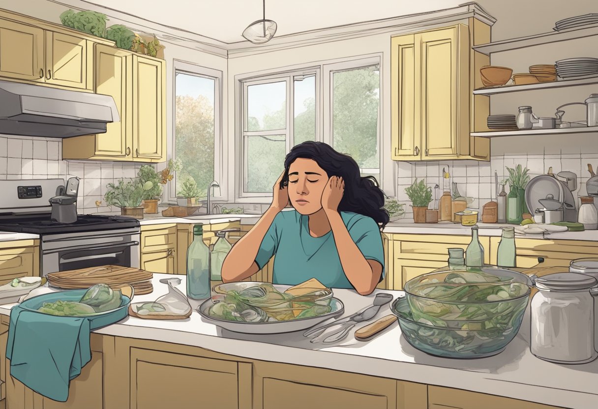 Fiona's emotional breakdown in the kitchen, surrounded by dirty dishes and empty bottles, as her family members look on with concern