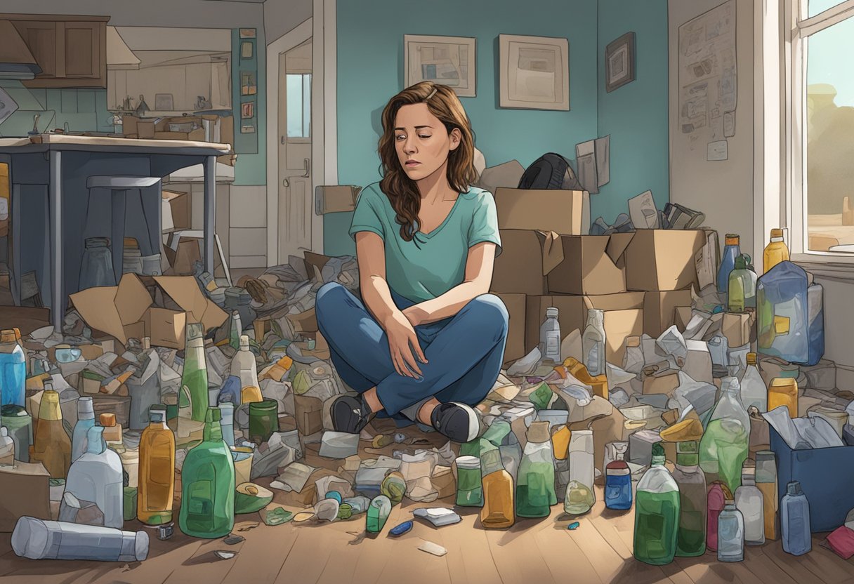 Fiona's emotional breakdown in Shameless is captured as she sits alone, surrounded by empty bottles and discarded belongings