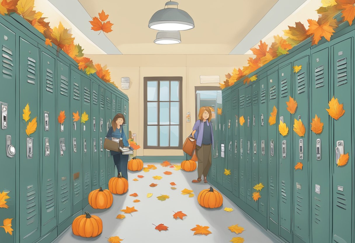 Janet's school locker adorned with fall leaves and pumpkins, surrounded by ghostly figures and floating textbooks