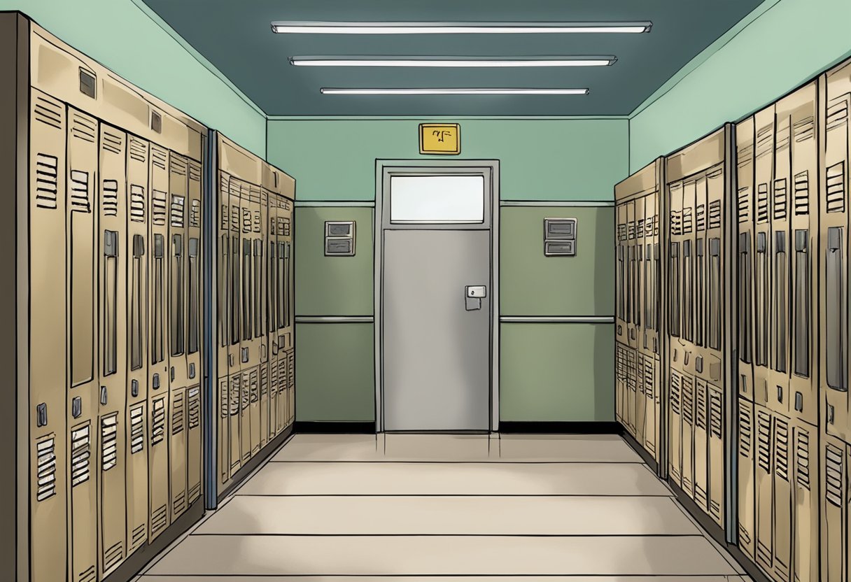 The school hallway was dimly lit, with lockers lining the walls. A sense of unease hung in the air as Janet felt a cold draft pass by, causing her to shiver