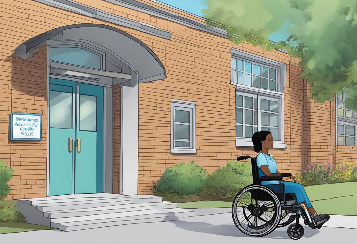 Janet's wheelchair rolls down a ramp, entering a school with accessible features. A sign reads "Streaming and Accessibility" above the entrance