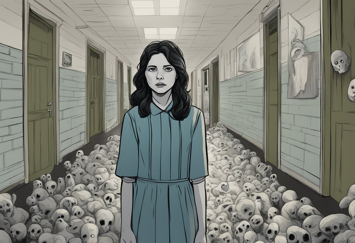 Janet's terrified face as she's surrounded by ghostly figures in the abandoned school hallway