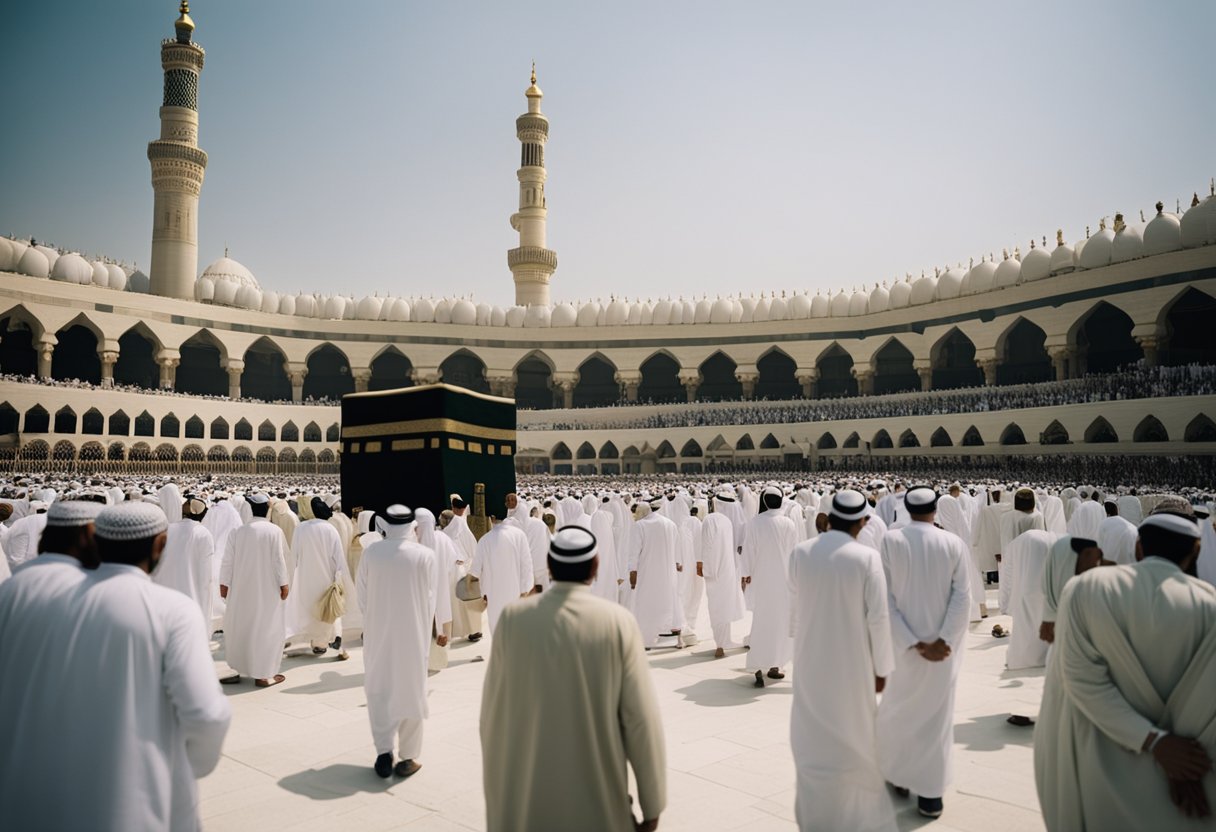 A group of men performing Hajj rituals, wearing ihram and carrying essential items, surrounded by the Kaaba and other pilgrims