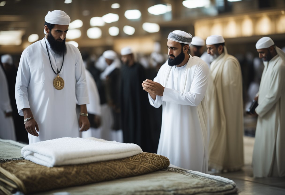 Men packing Ihram, prayer rug, and other essentials for Hajj