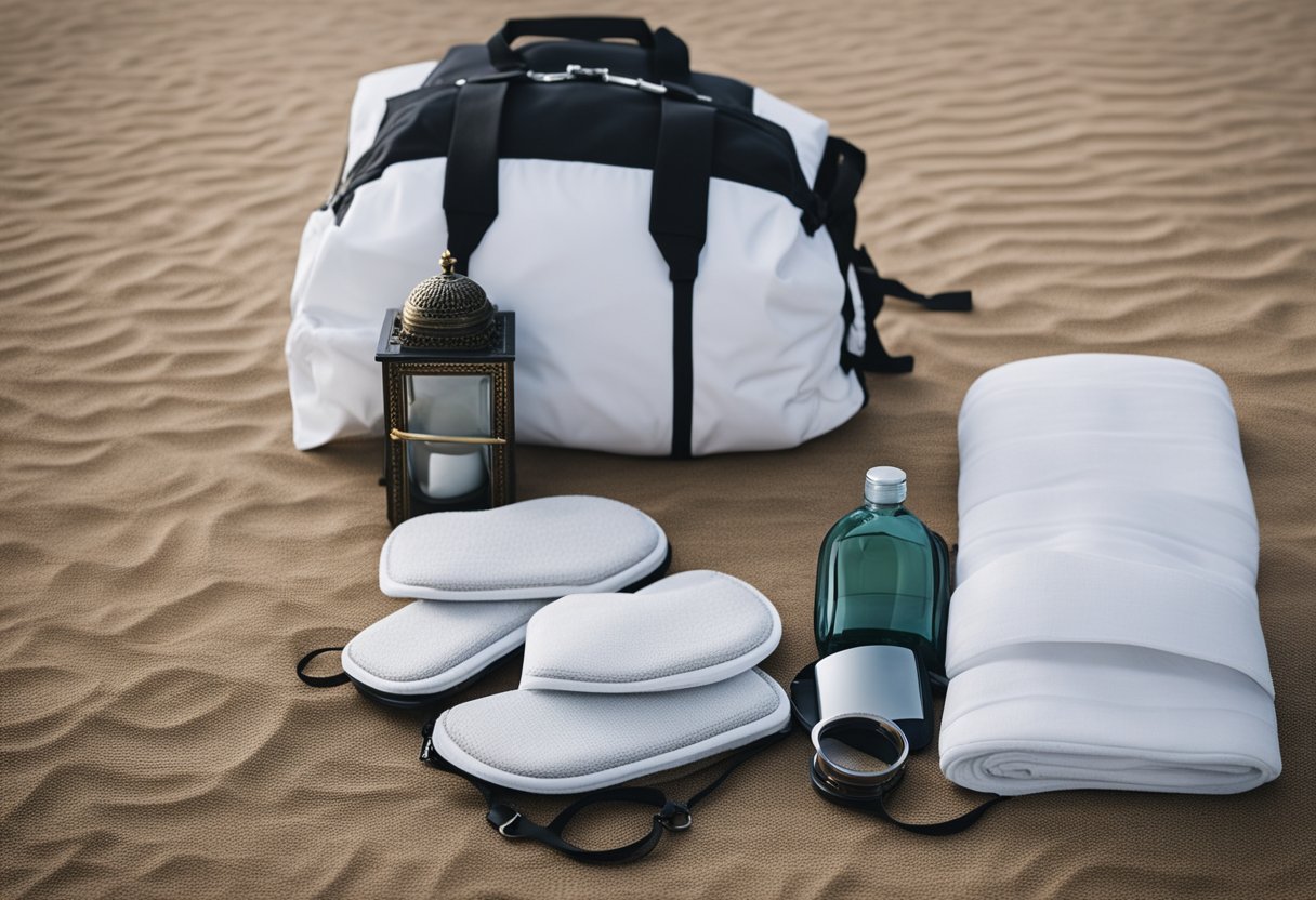 Men's Hajj essentials arranged neatly: ihram, sandals, backpack, water bottle, prayer rug, and Quran