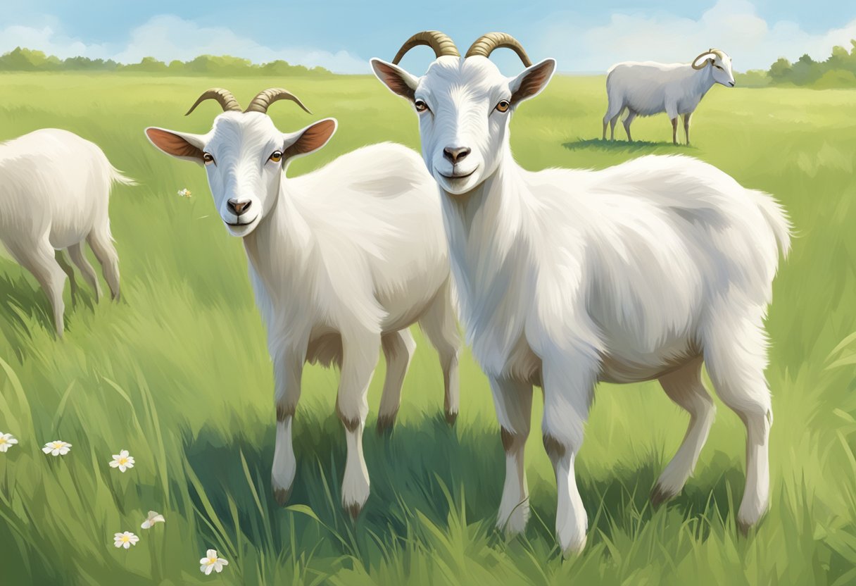 A pregnant goat standing in a grassy field, with a peaceful expression, surrounded by a few other goats