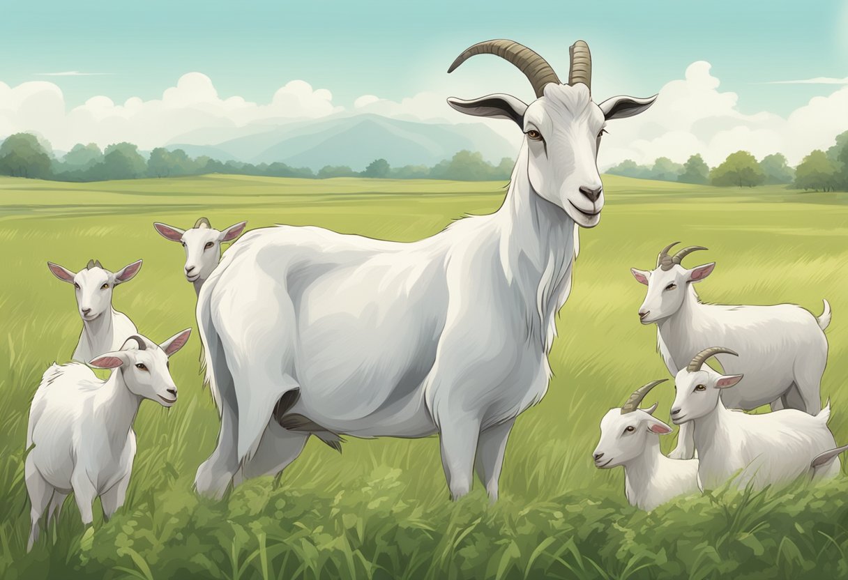 A female goat stands in a grassy field, surrounded by other goats. She is pregnant, with a visible round belly. The scene depicts the gestation period for goats