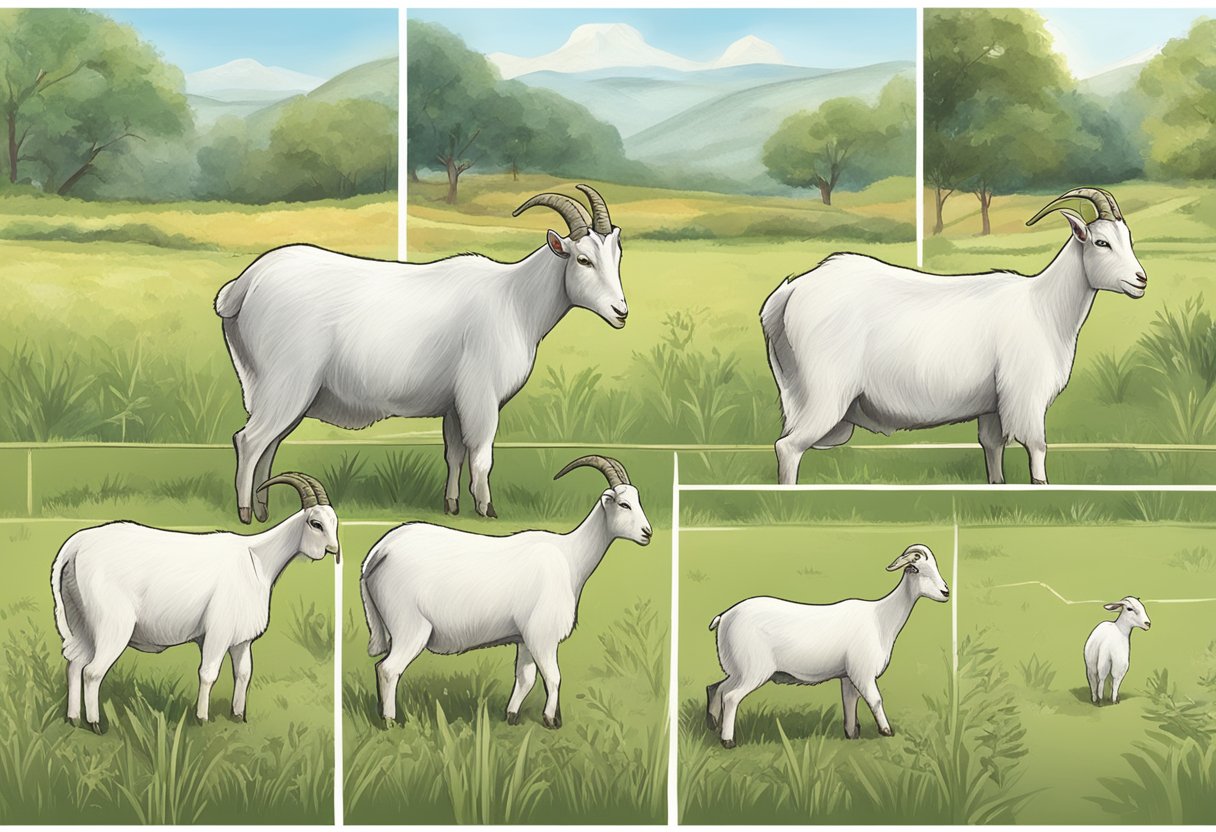 A goat standing in a field, with a series of images showing the progression of pregnancy from early stages to full term