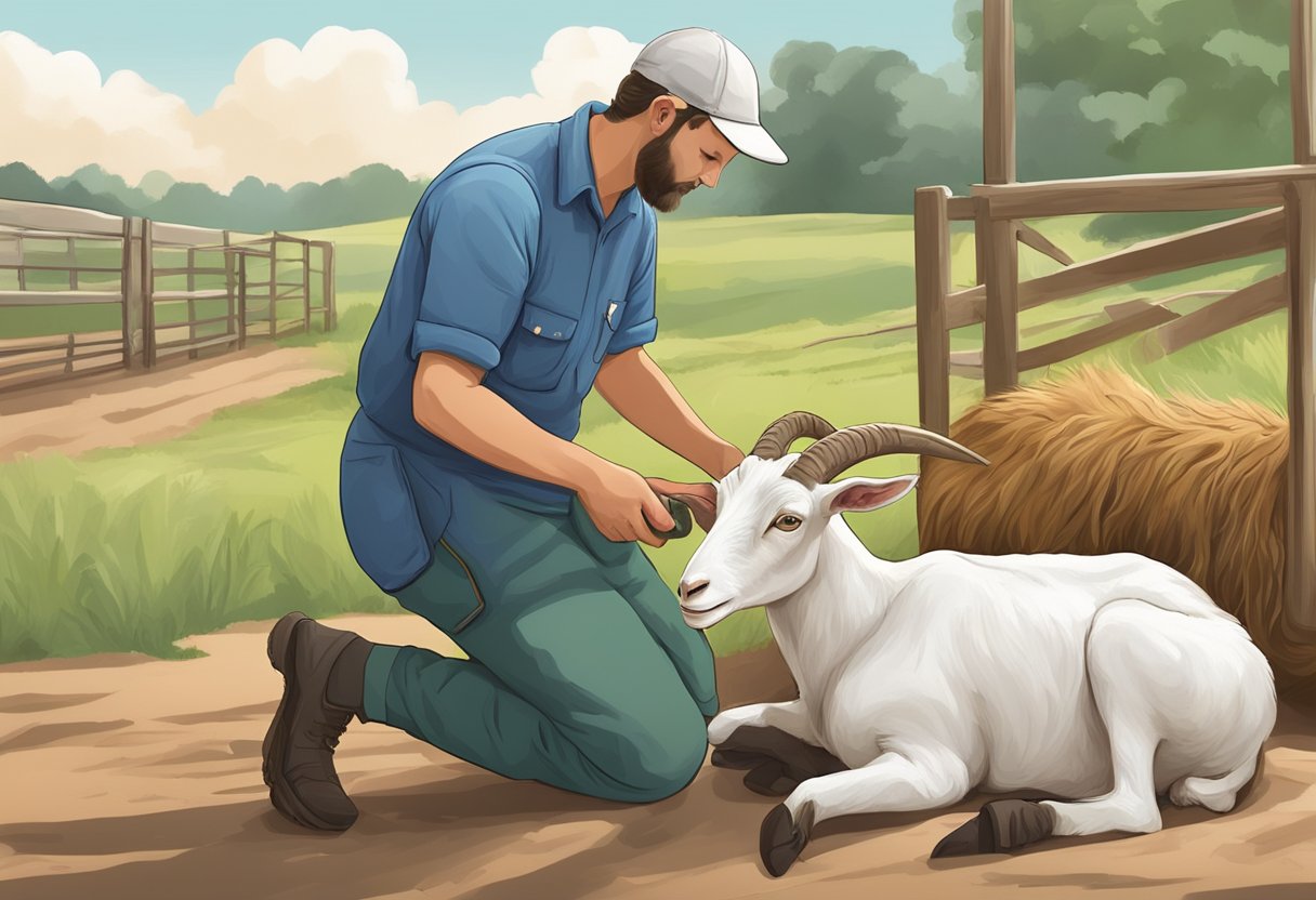 A pregnant goat being tended to by a farmer, receiving proper care and attention during gestation