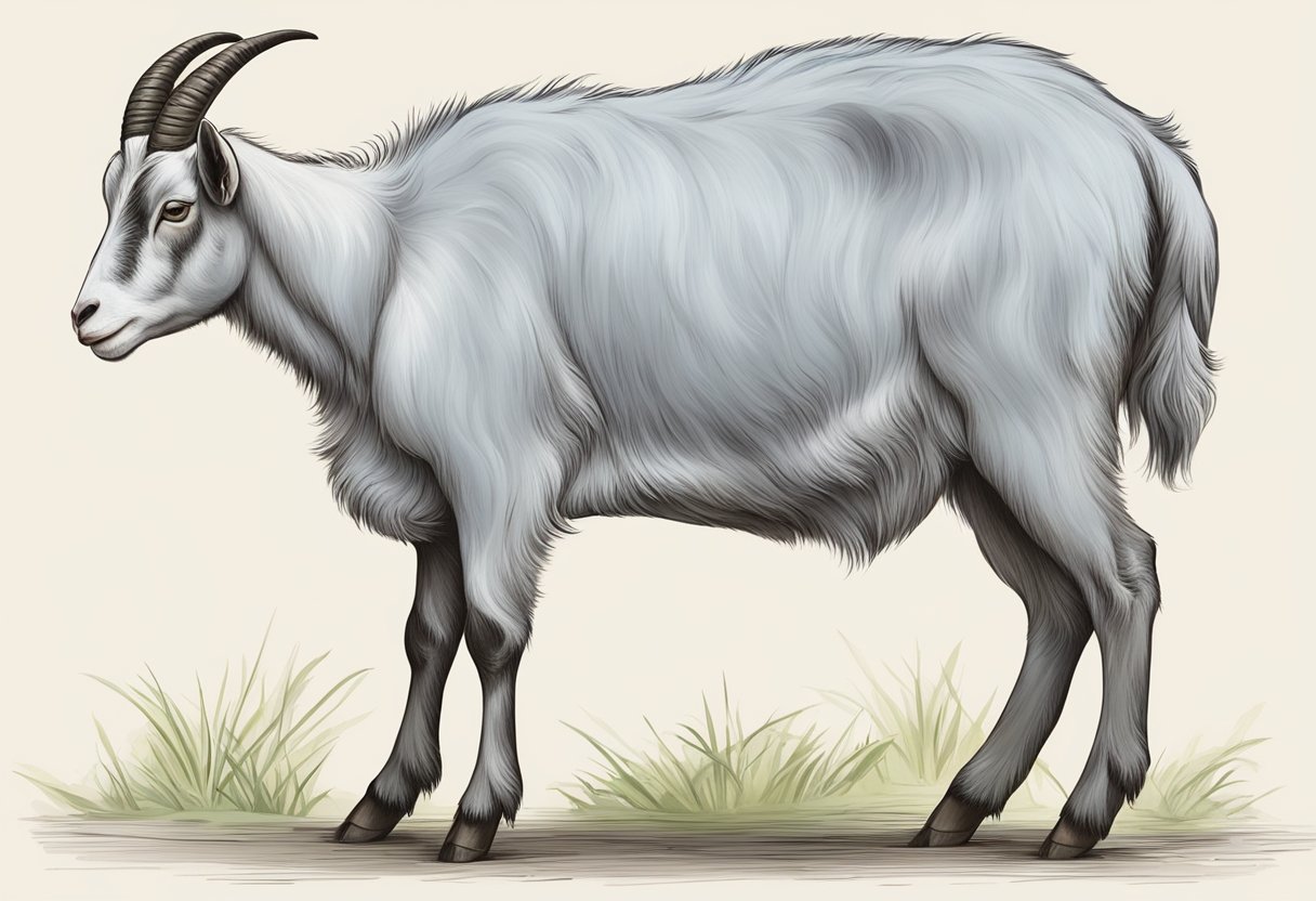 A pregnant goat showing signs of labor, with a swollen udder and restlessness. The gestation period for goats is typically 150 days