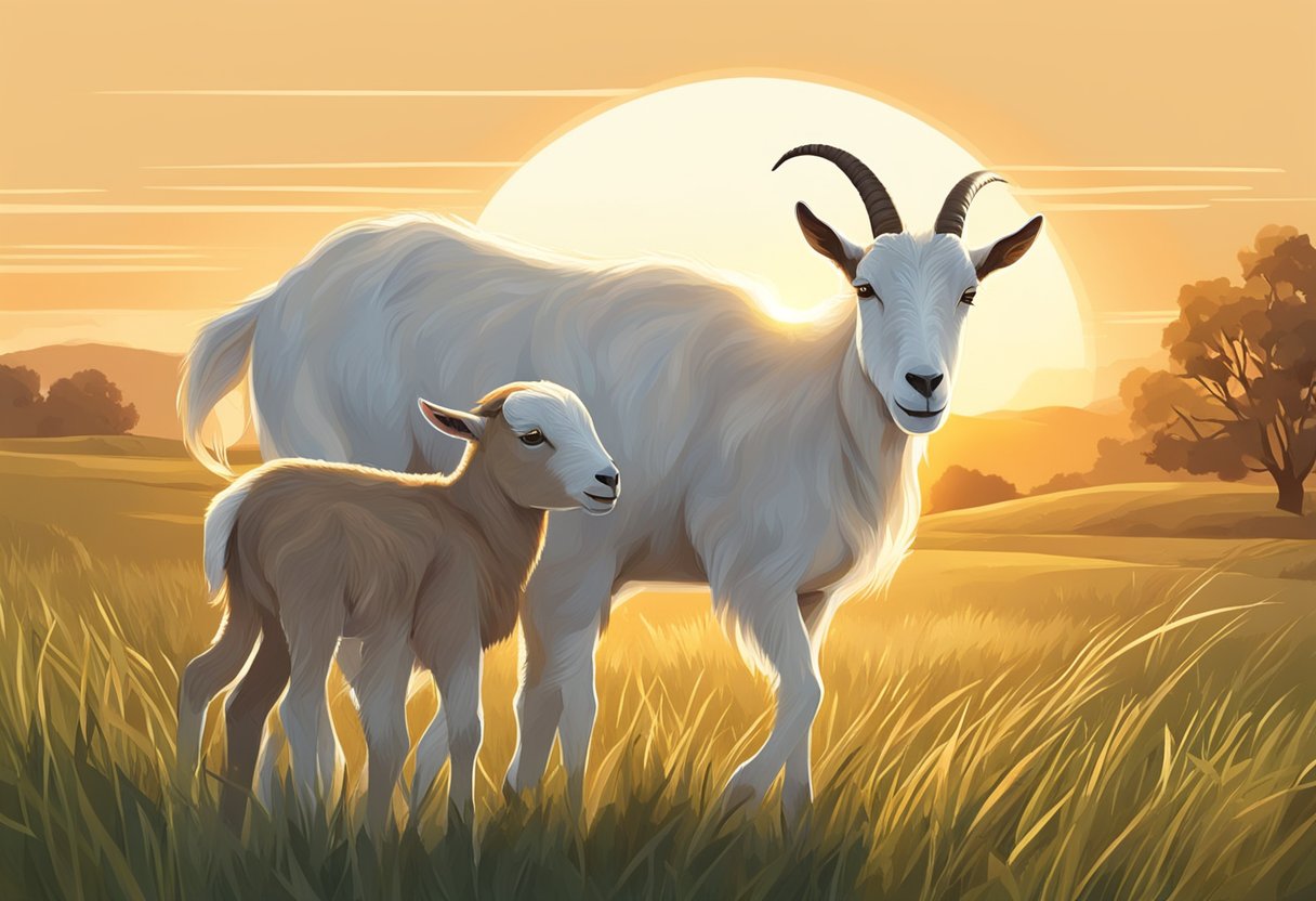 A mother goat stands in a grassy field, nuzzling her newborn kid. The sun is setting, casting a warm glow over the scene